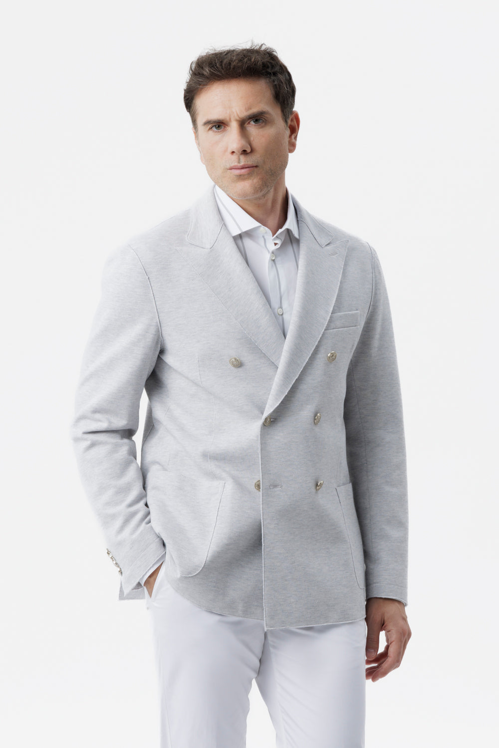 Giacca doppiopetto taglio vivo in cotone piquet stretch grigio chiaro