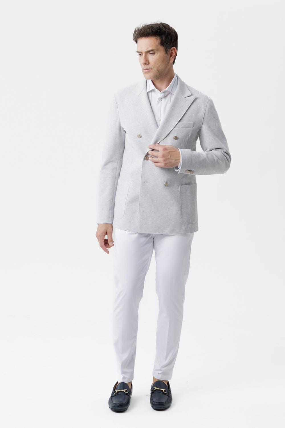Giacca doppiopetto taglio vivo in cotone piquet stretch grigio chiaro