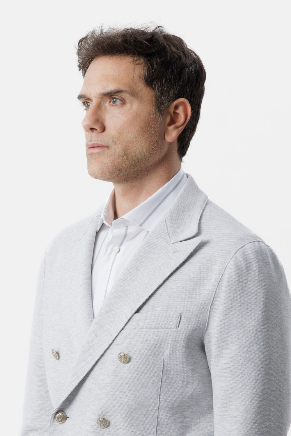 Giacca doppiopetto taglio vivo in cotone piquet stretch grigio chiaro