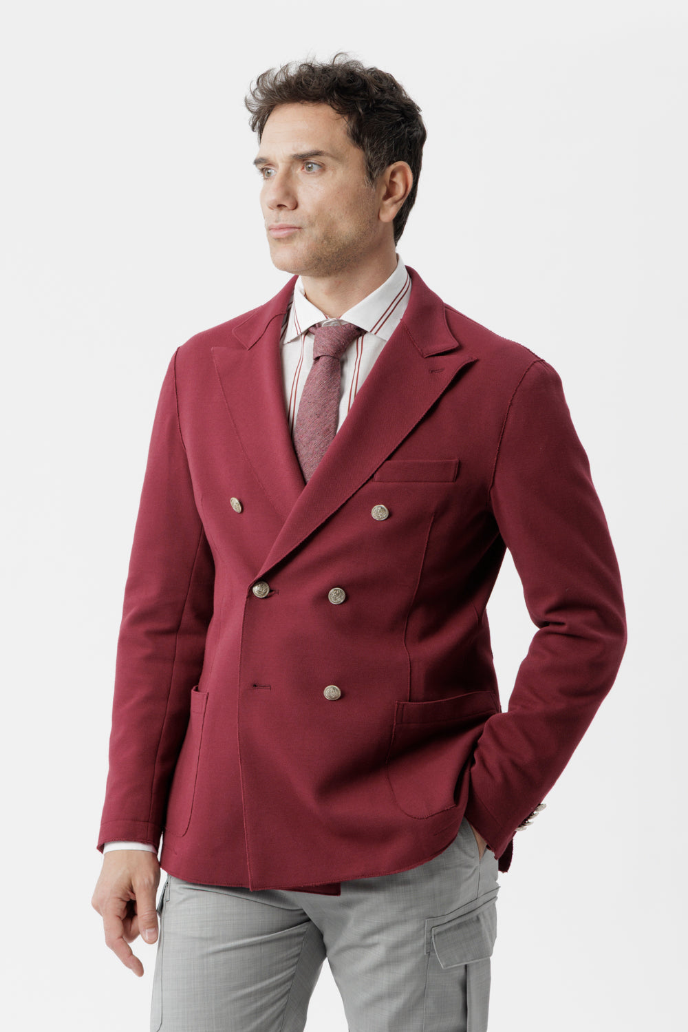 Giacca doppiopetto taglio vivo in cotone piquet stretch bordeaux