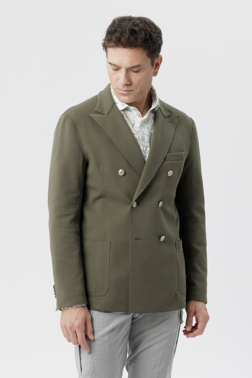 Giacca doppiopetto taglio vivo in cotone piquet stretch verde militare