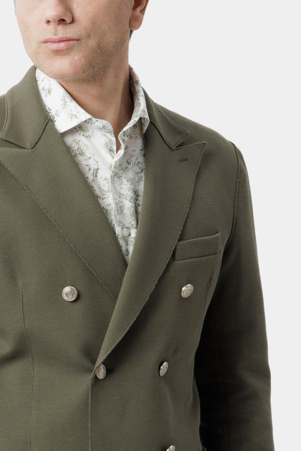 Giacca doppiopetto taglio vivo in cotone piquet stretch verde militare