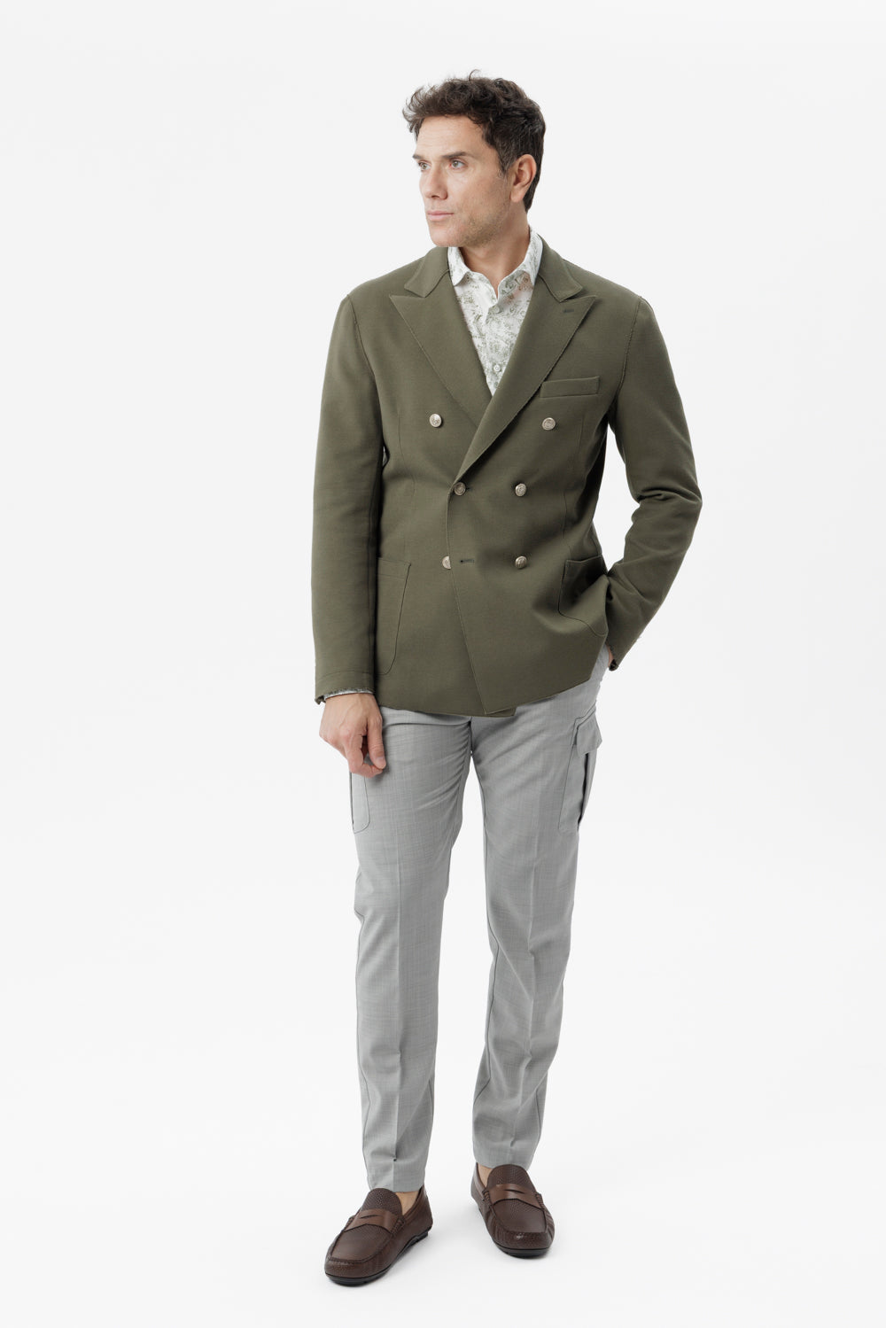 Giacca doppiopetto taglio vivo in cotone piquet stretch verde militare