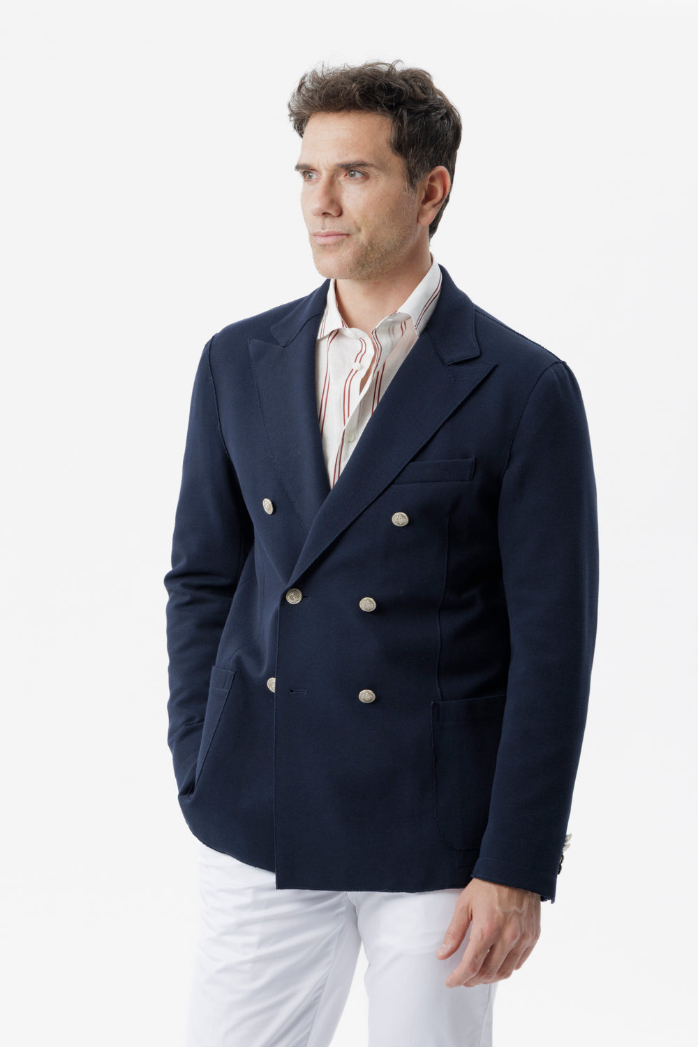 Giacca doppiopetto taglio vivo in cotone piquet stretch blu navy