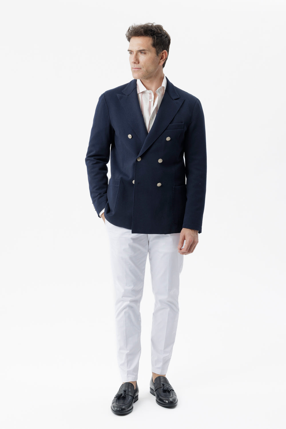 Giacca doppiopetto taglio vivo in cotone piquet stretch blu navy