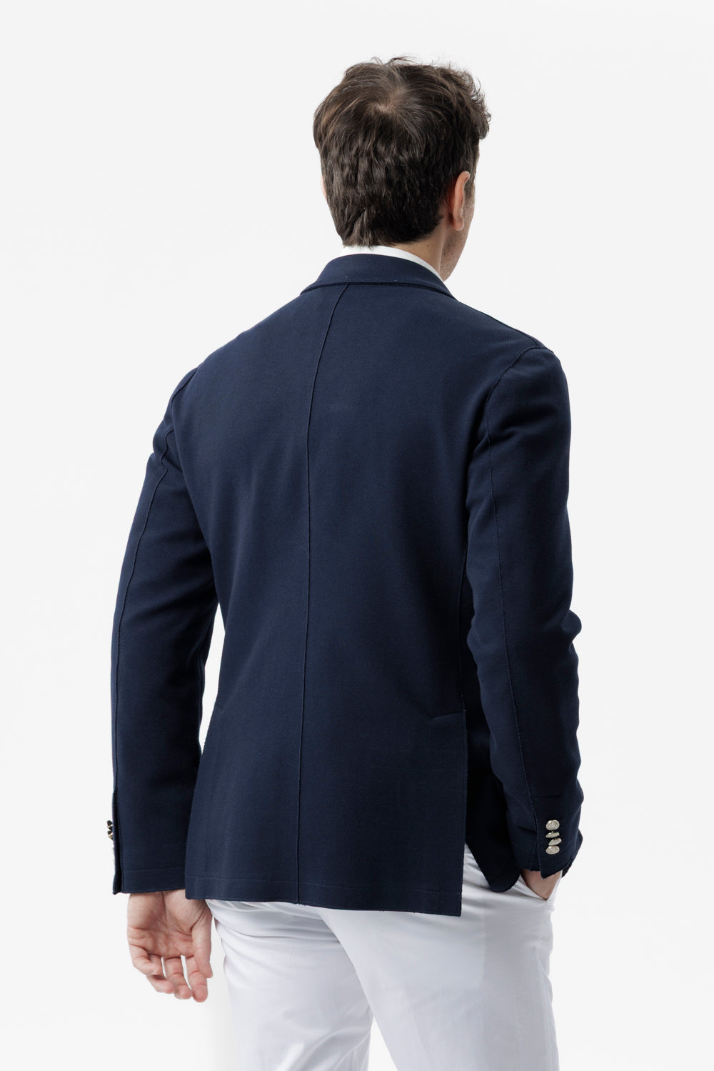 Giacca doppiopetto taglio vivo in cotone piquet stretch blu navy