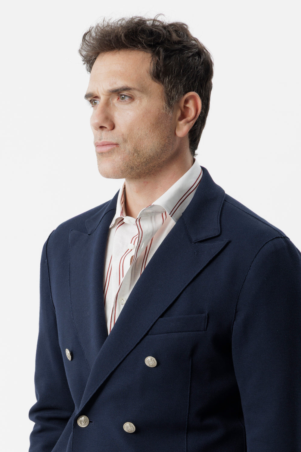 Giacca doppiopetto taglio vivo in cotone piquet stretch blu navy