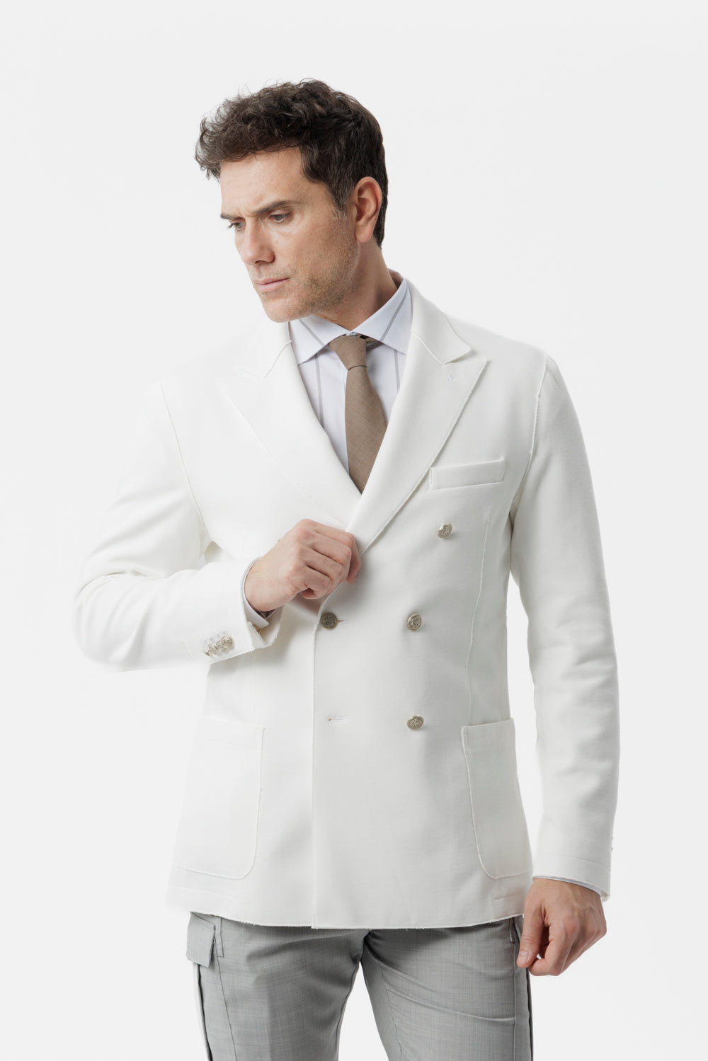Giacca doppiopetto taglio vivo in cotone piquet stretch bianco