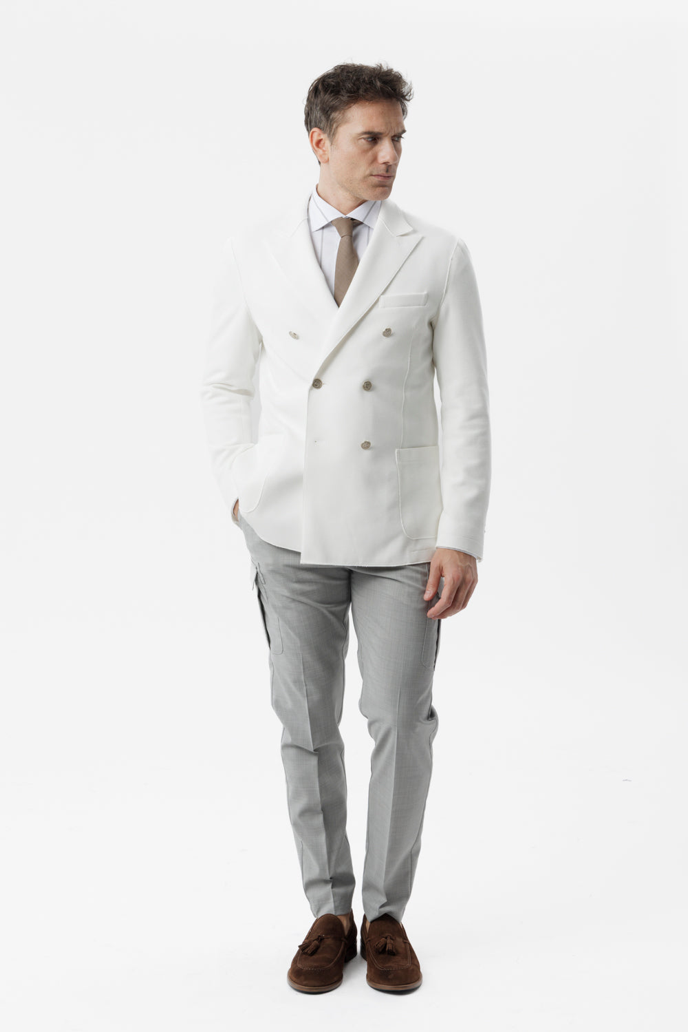 Giacca doppiopetto taglio vivo in cotone piquet stretch bianco