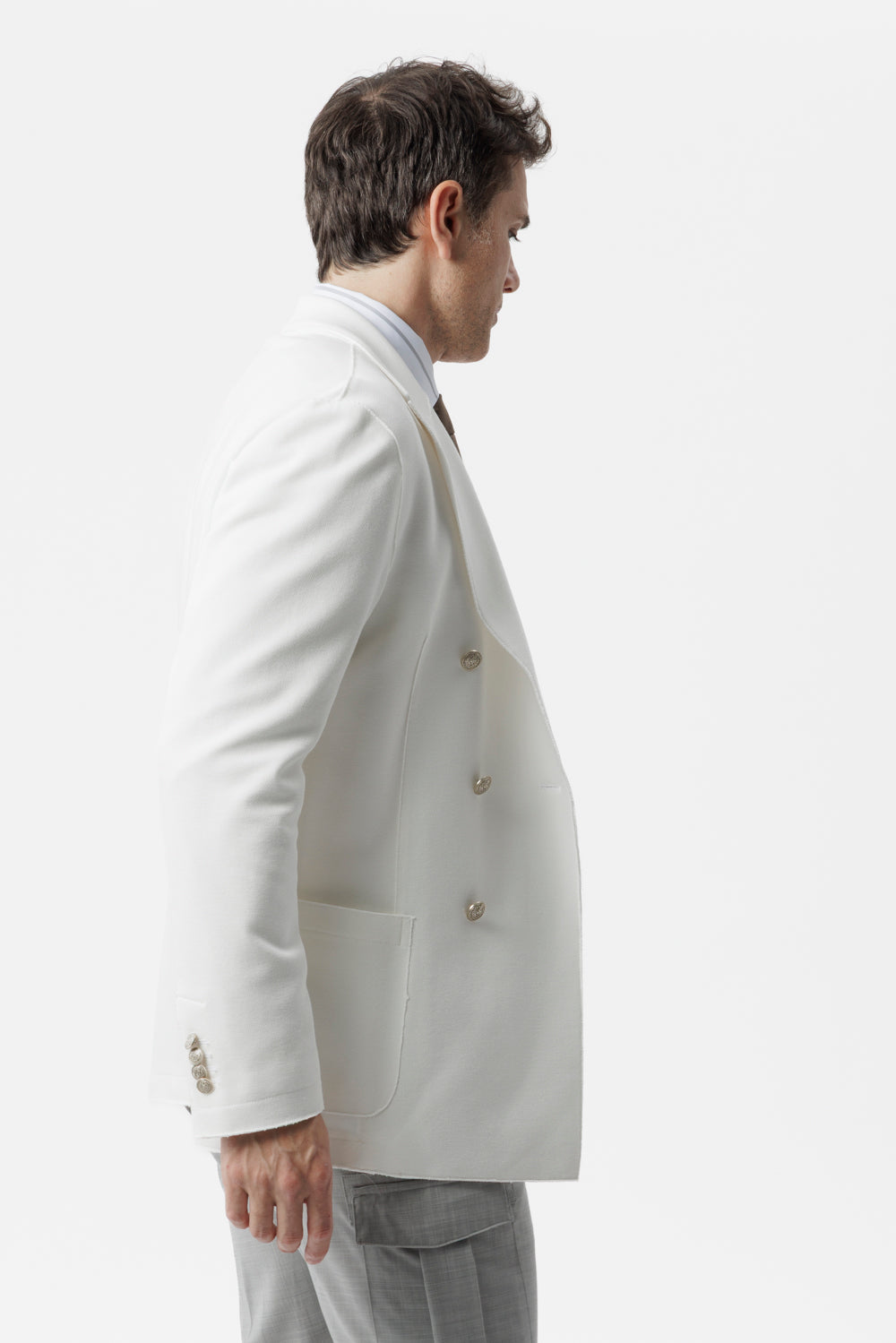 Giacca doppiopetto taglio vivo in cotone piquet stretch bianco