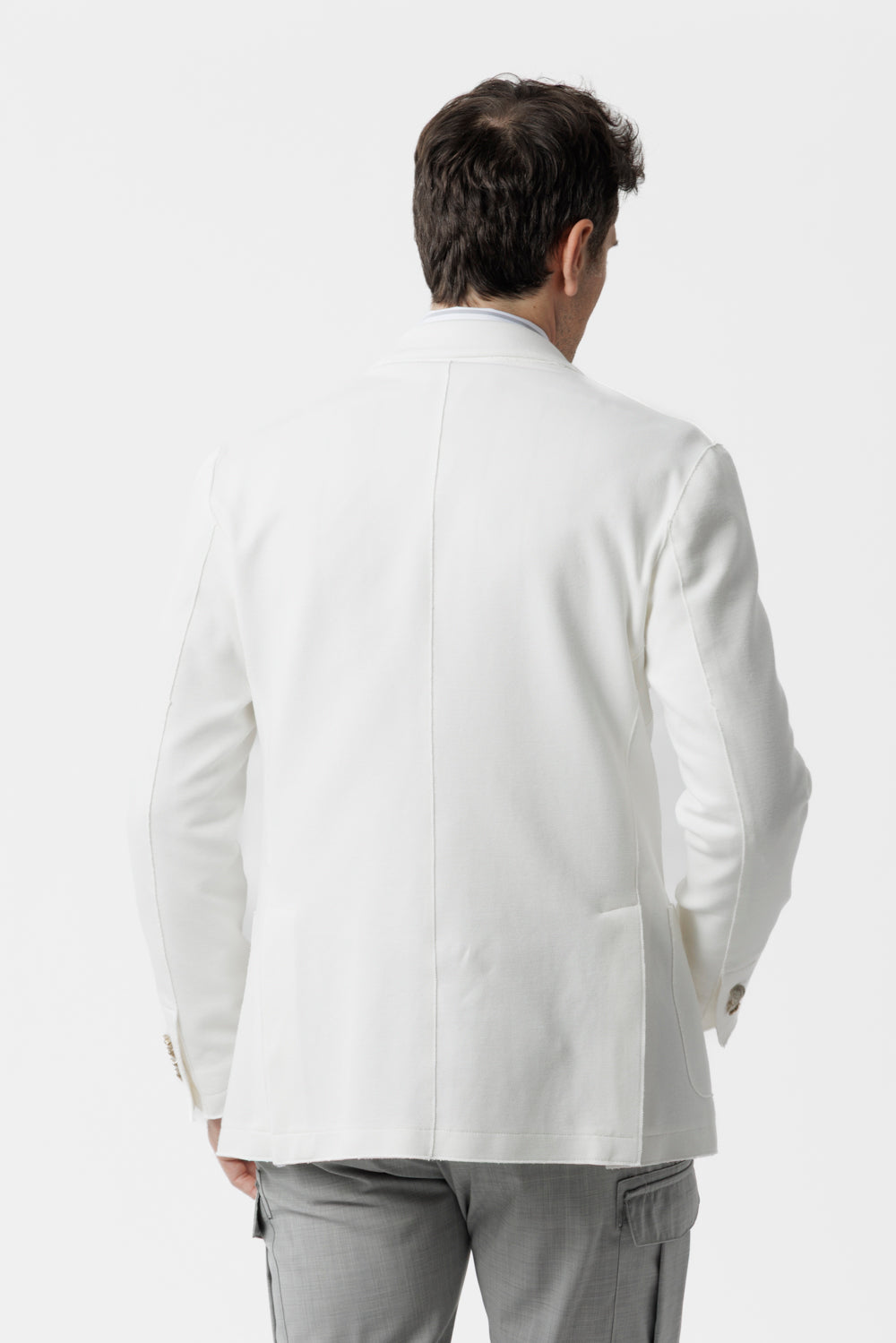 Giacca doppiopetto taglio vivo in cotone piquet stretch bianco