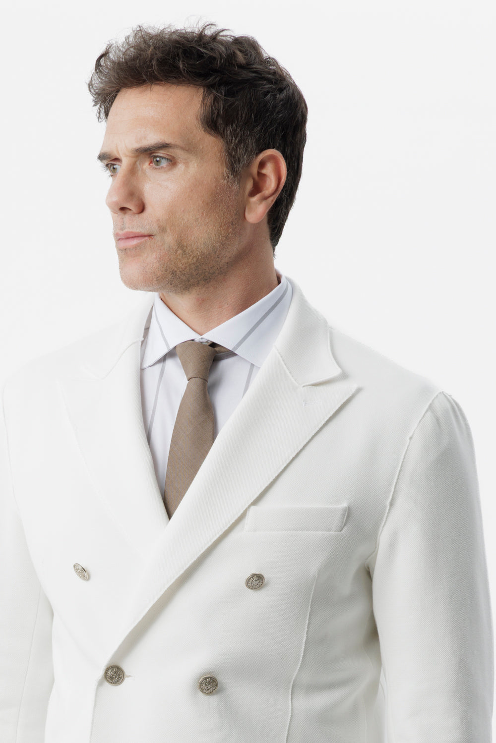 Giacca doppiopetto taglio vivo in cotone piquet stretch bianco