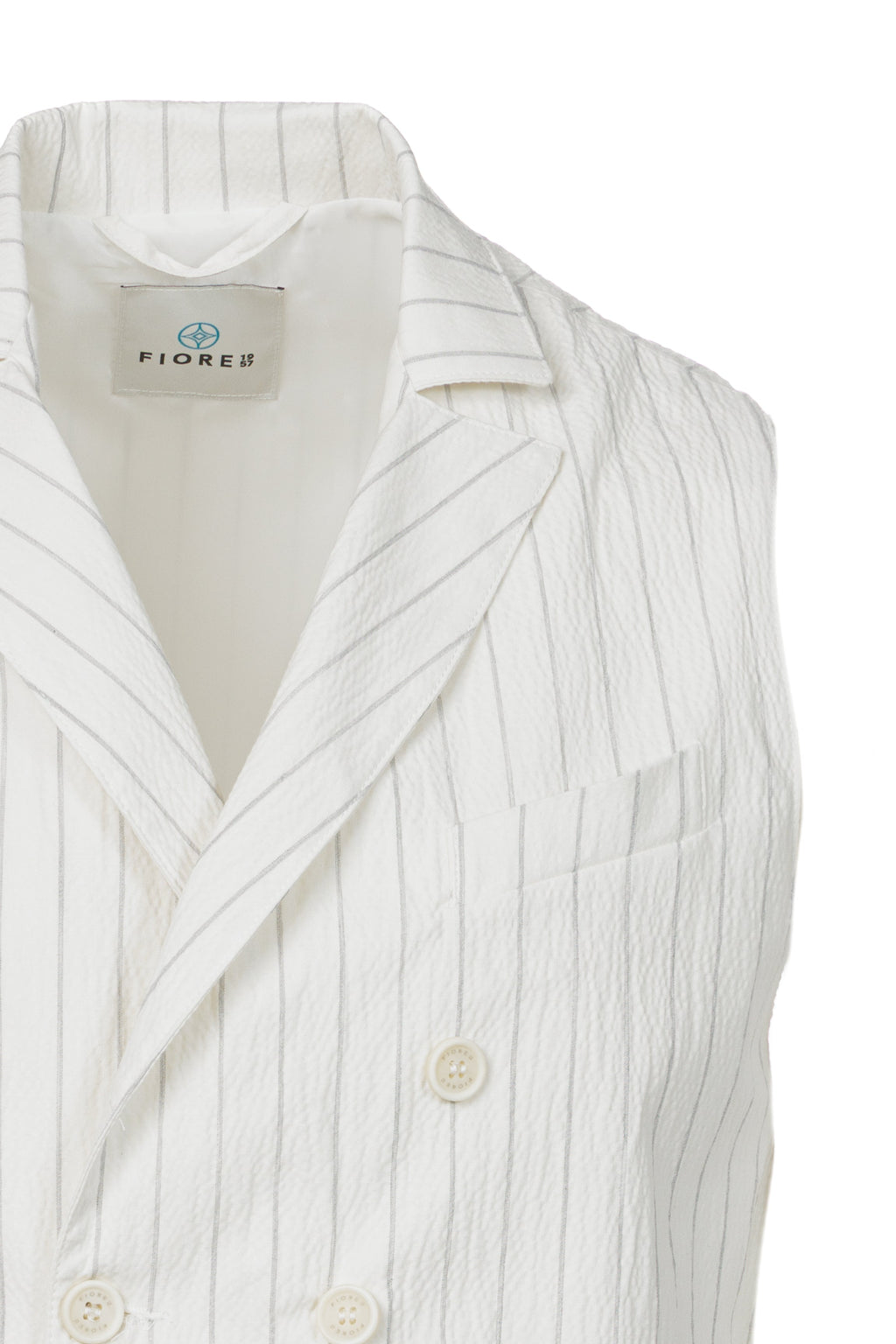 White pinstriped embossed cotton double-breasted gilet
