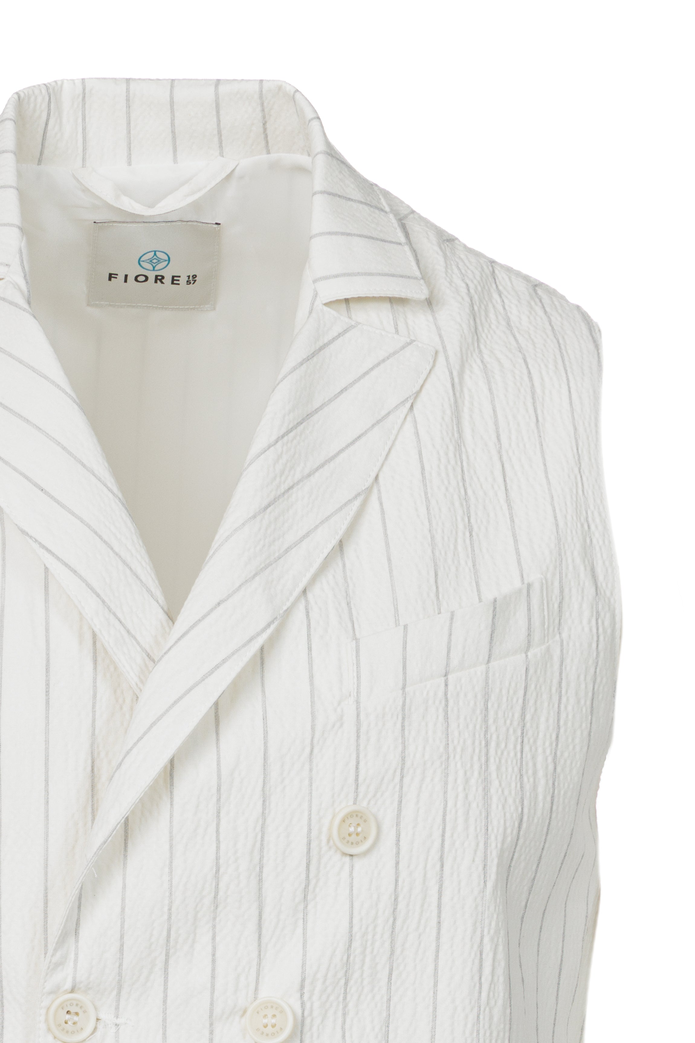 White pinstriped embossed cotton double-breasted gilet