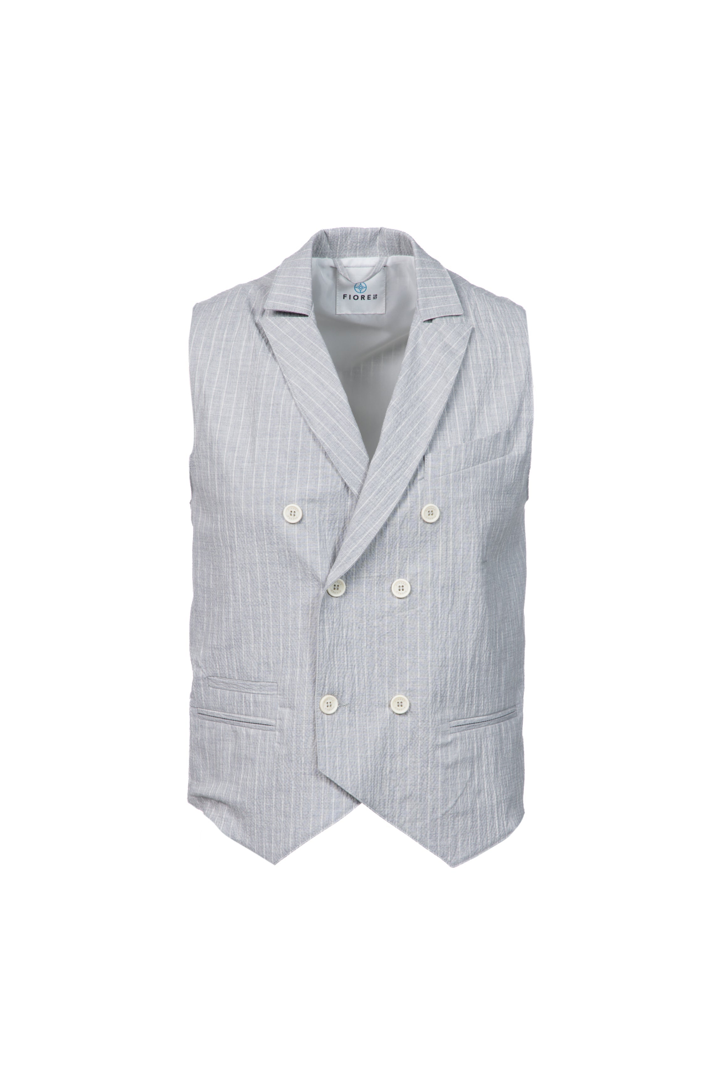 Double-breasted grey pinstripe embossed cotton gilet