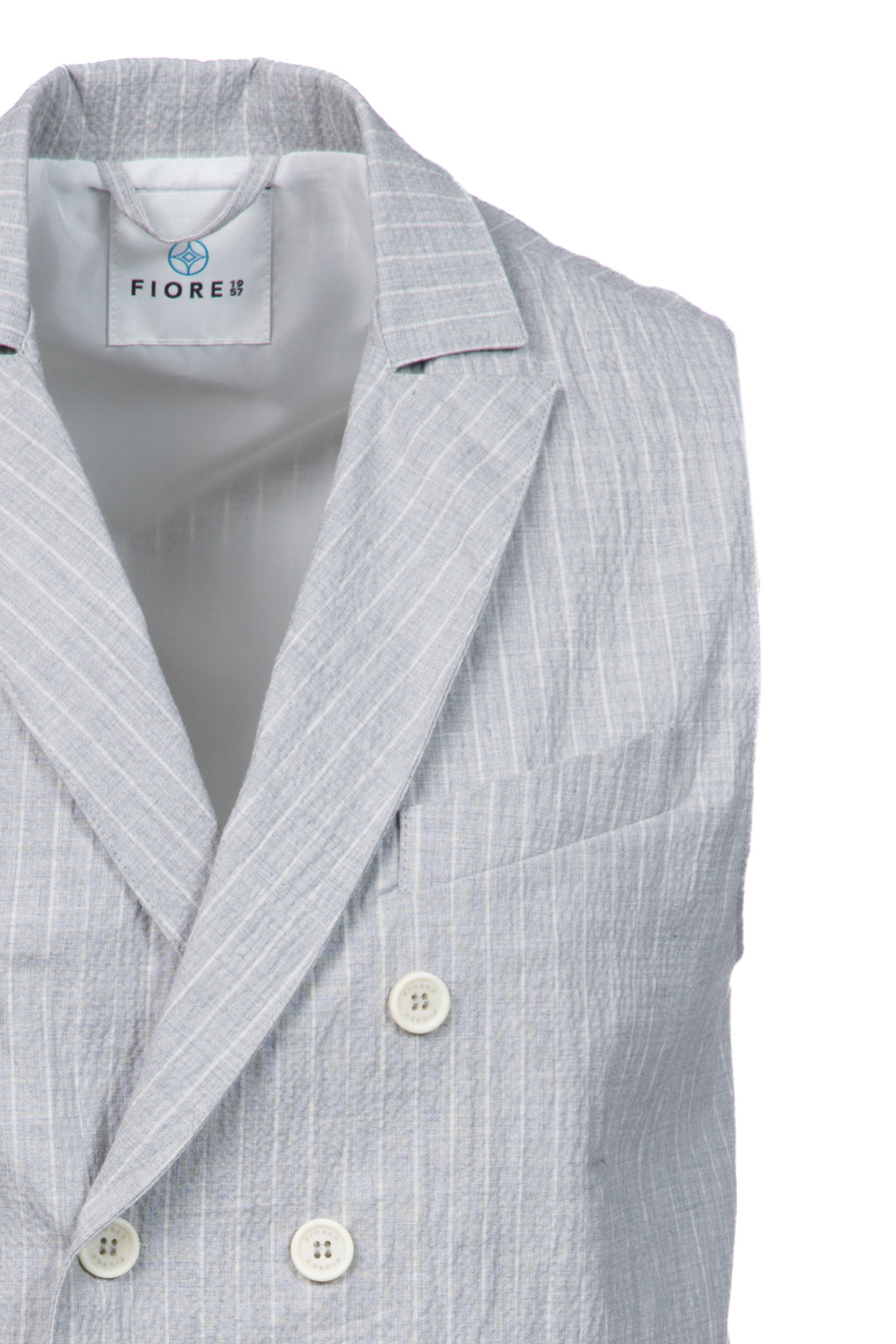 Double-breasted grey pinstripe embossed cotton gilet