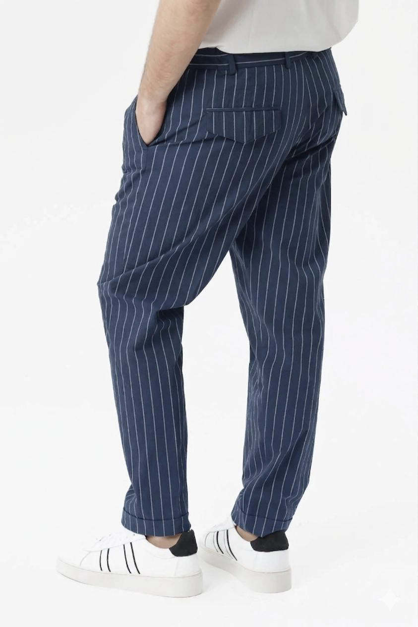 Pantalone coulisse in cotone stretch gessato e goffrato bluette
