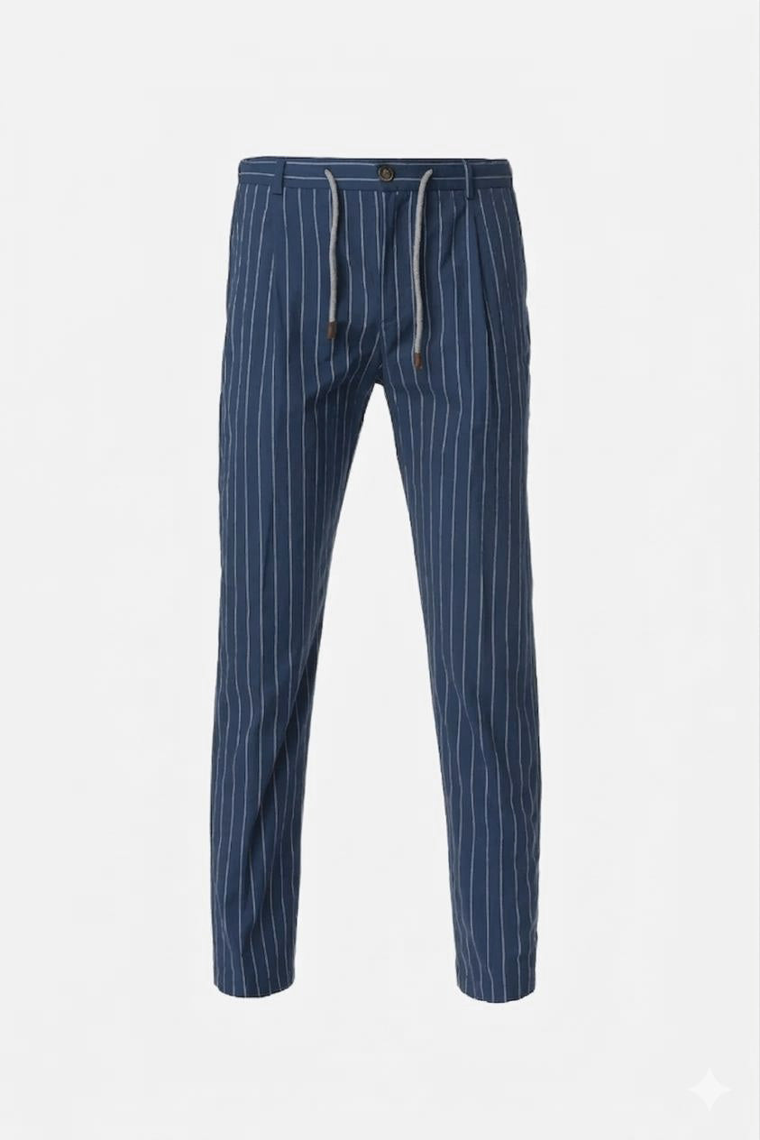 Pantalone coulisse in cotone stretch gessato e goffrato bluette