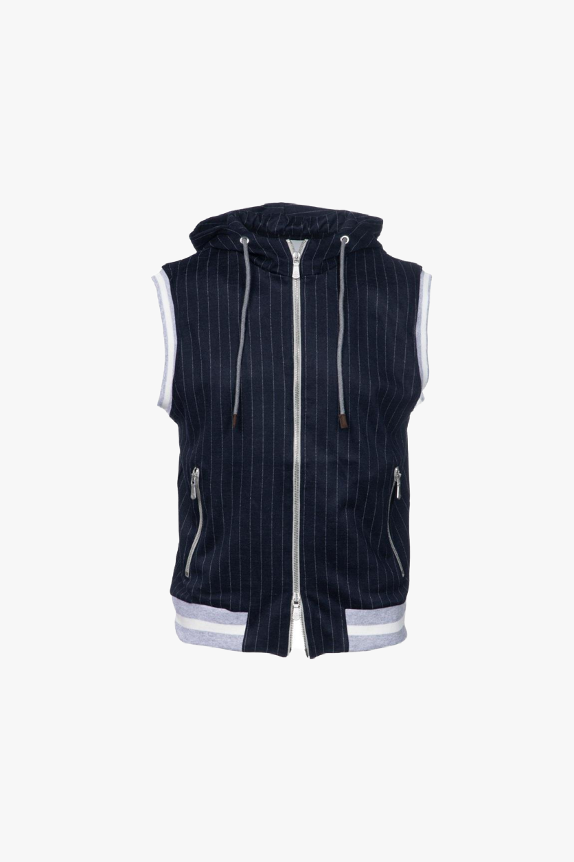 Blue pinstripe virgin wool hooded gilet