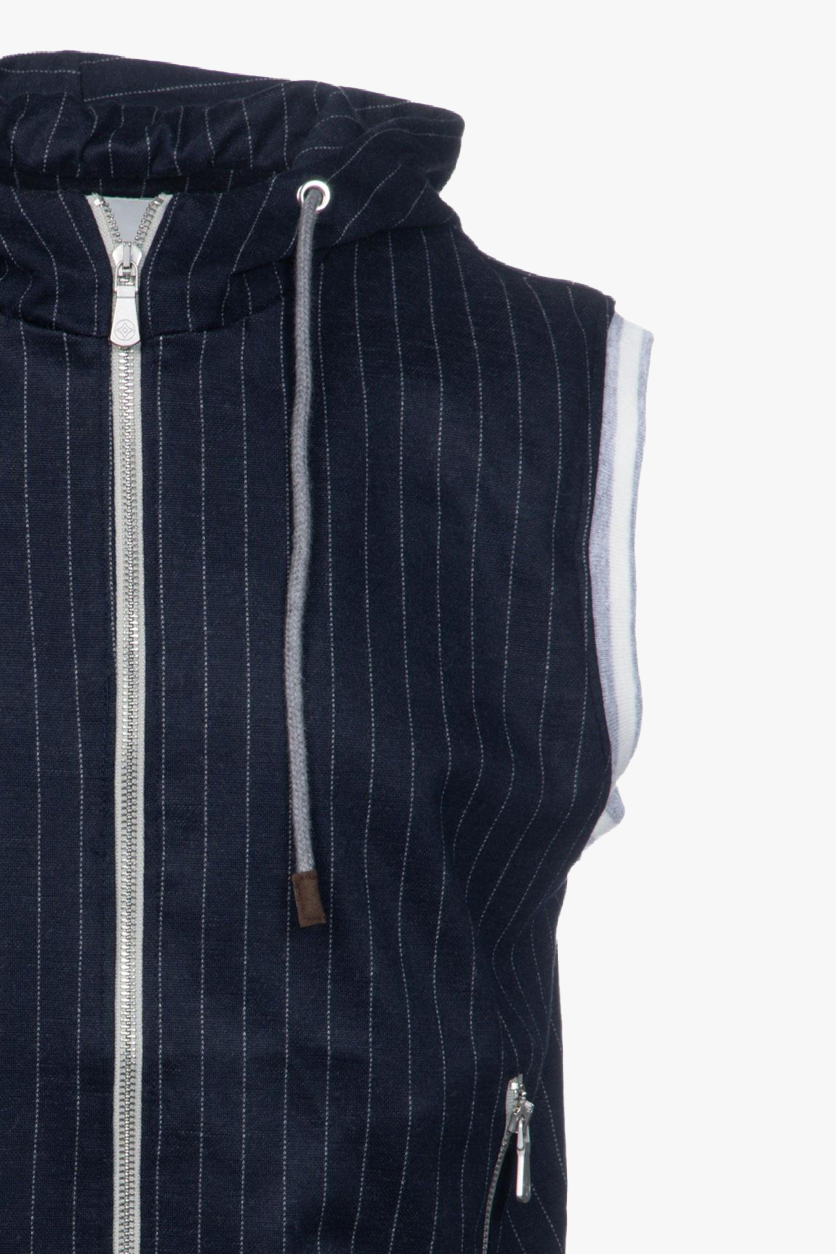 Blue pinstripe virgin wool hooded gilet