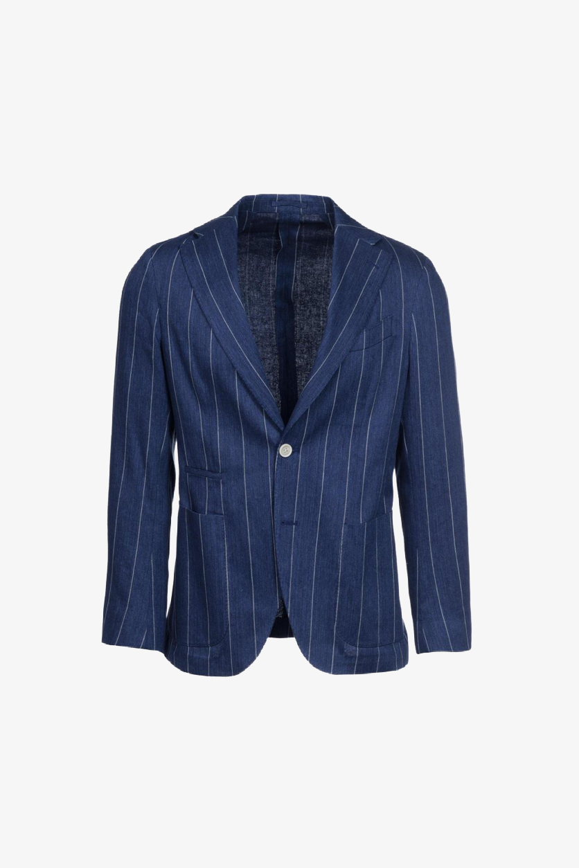 Giacca Napoli monopetto in lino e cotone gessato bluette
