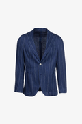Giacca Napoli monopetto in lino e cotone gessato bluette