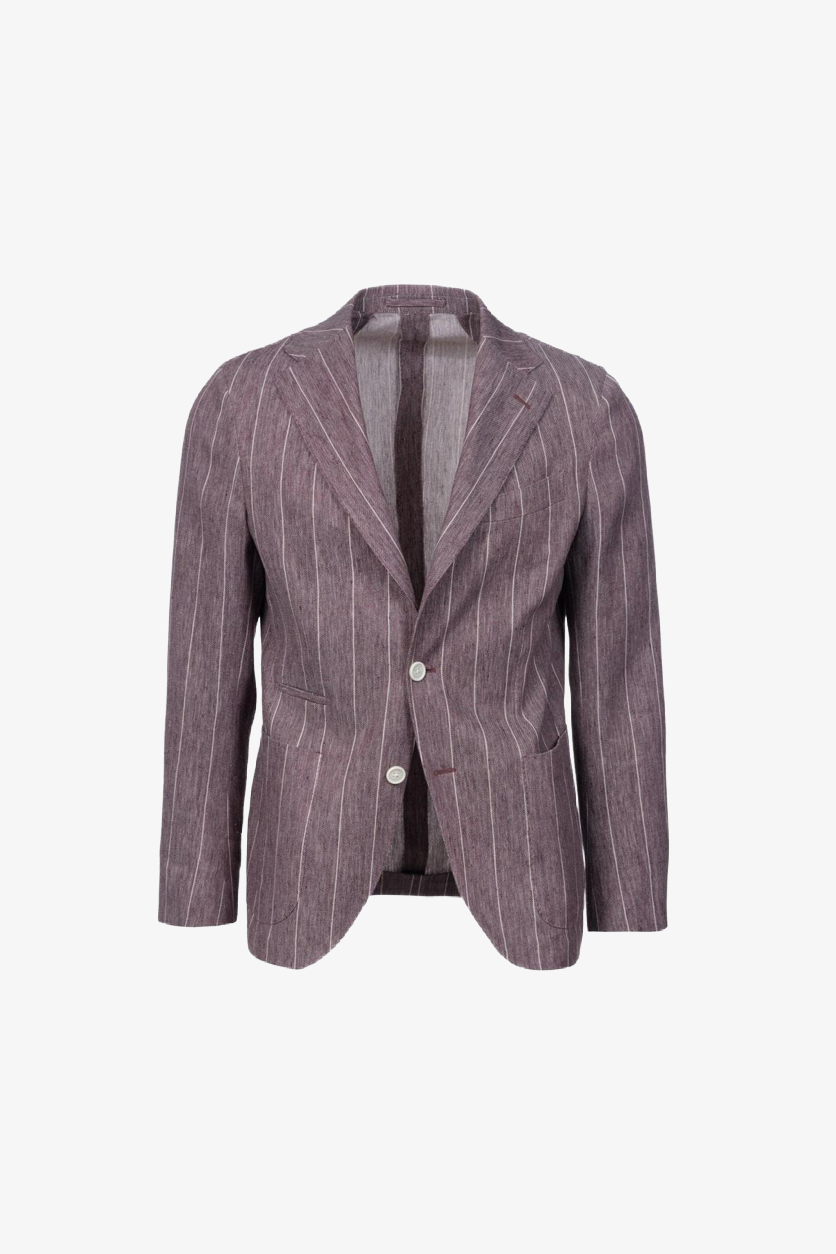 Giacca Napoli monopetto in lino e cotone gessato bordeaux
