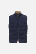 Reversible two-material gilet with regenerated navy blue cashmere padding