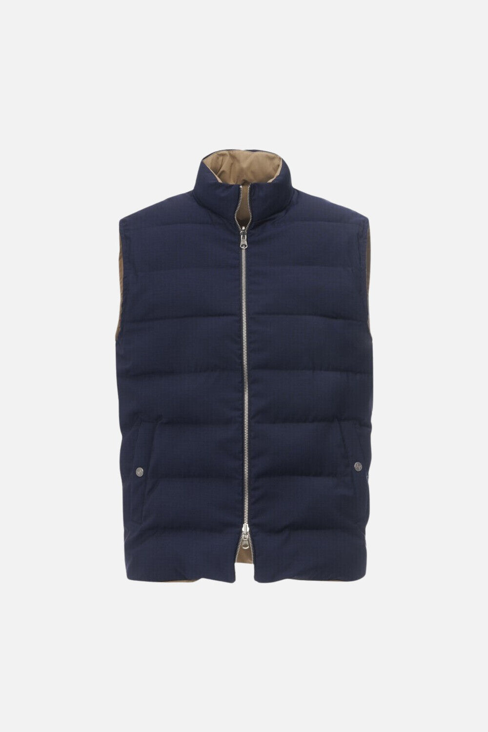 Reversible two-material gilet with regenerated navy blue cashmere padding