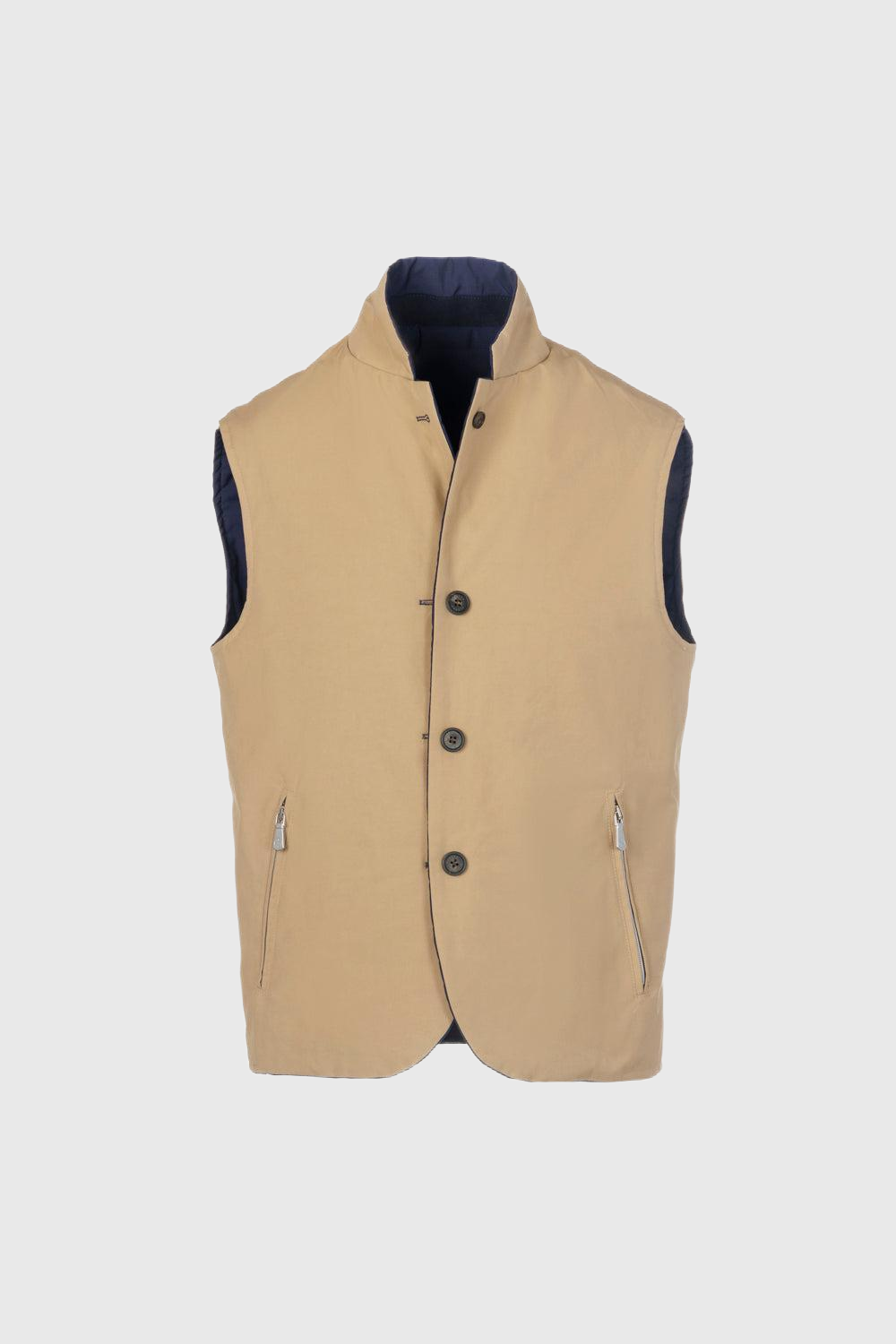 Reversible bi-material gilet in navy wool poplin and technical cotton