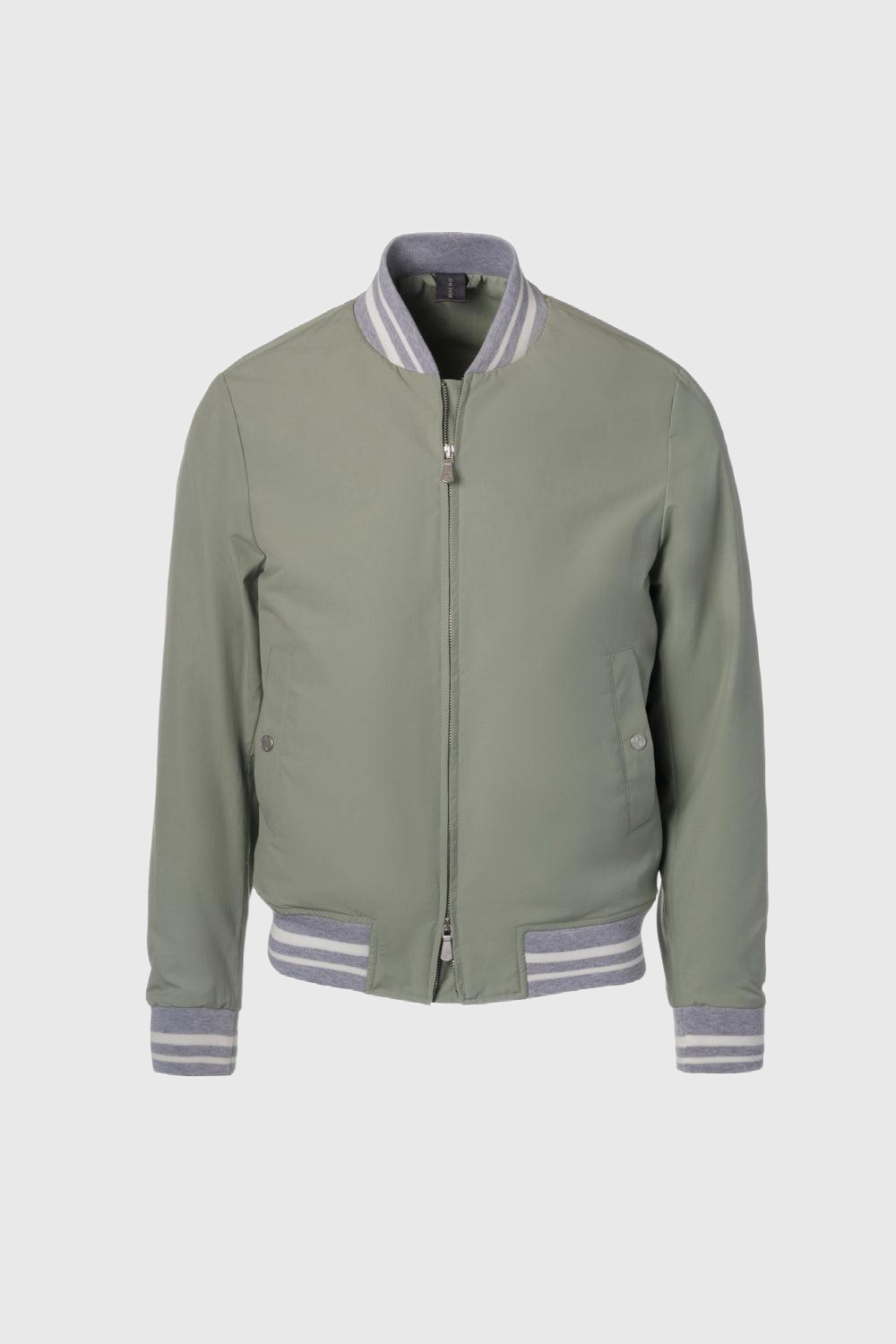 Sage green technical cotton varsity jacket