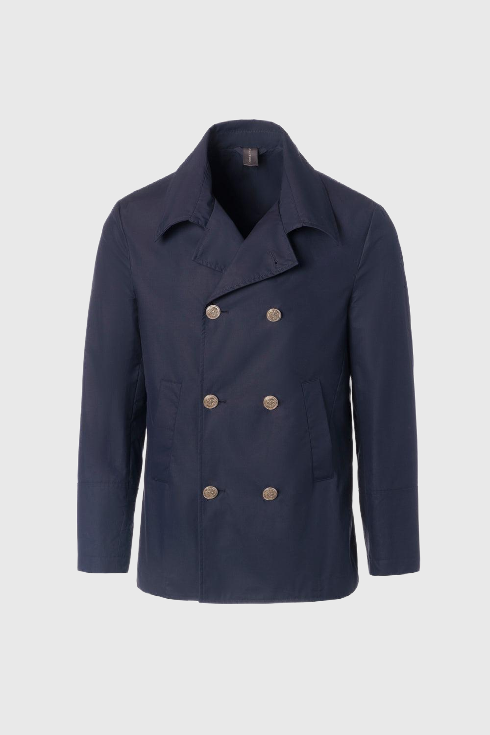 Double-breasted caban in blue technical cotton