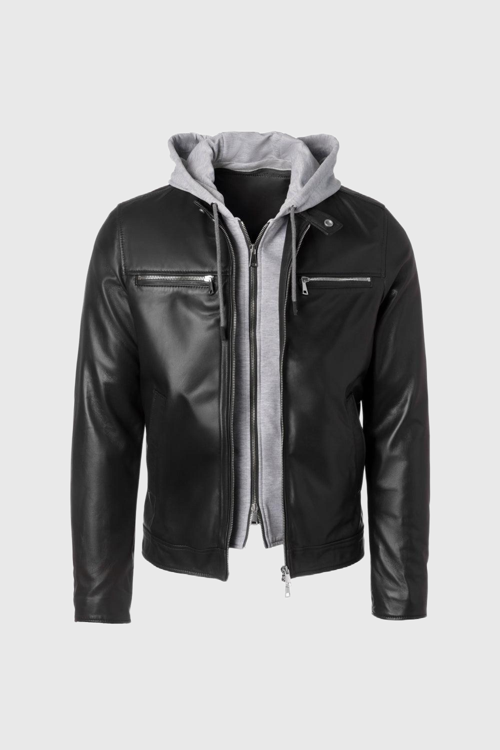 Black nappa leather biker jacket with detachable bib and hood