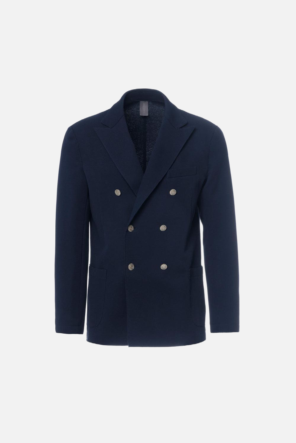 Giacca doppiopetto taglio vivo in cotone piquet stretch blu navy