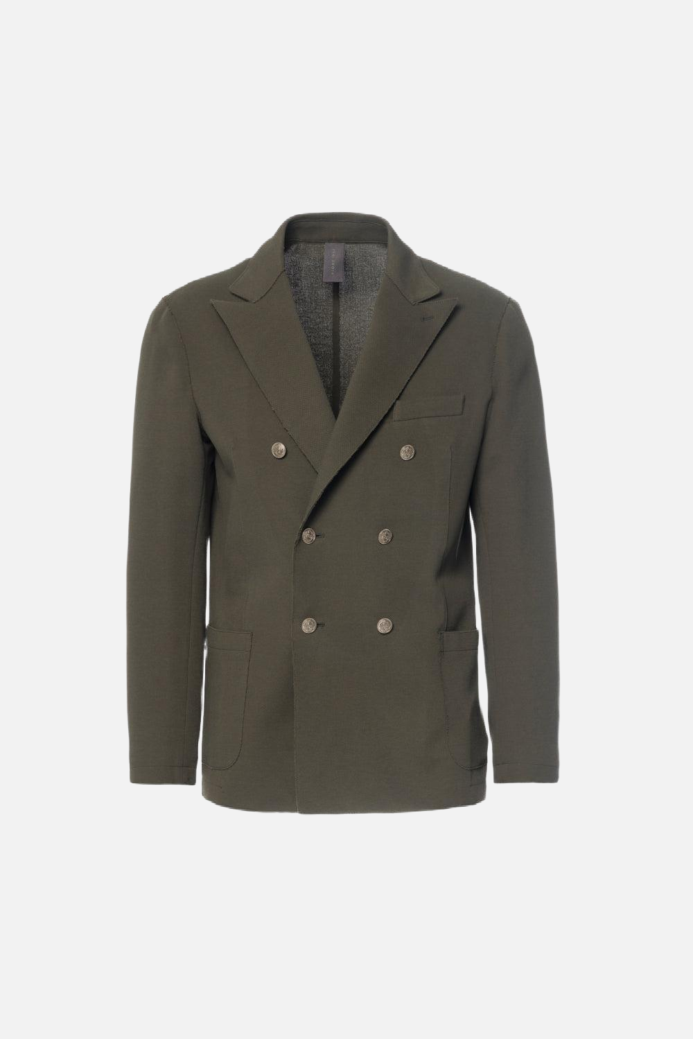 Giacca doppiopetto taglio vivo in cotone piquet stretch verde militare
