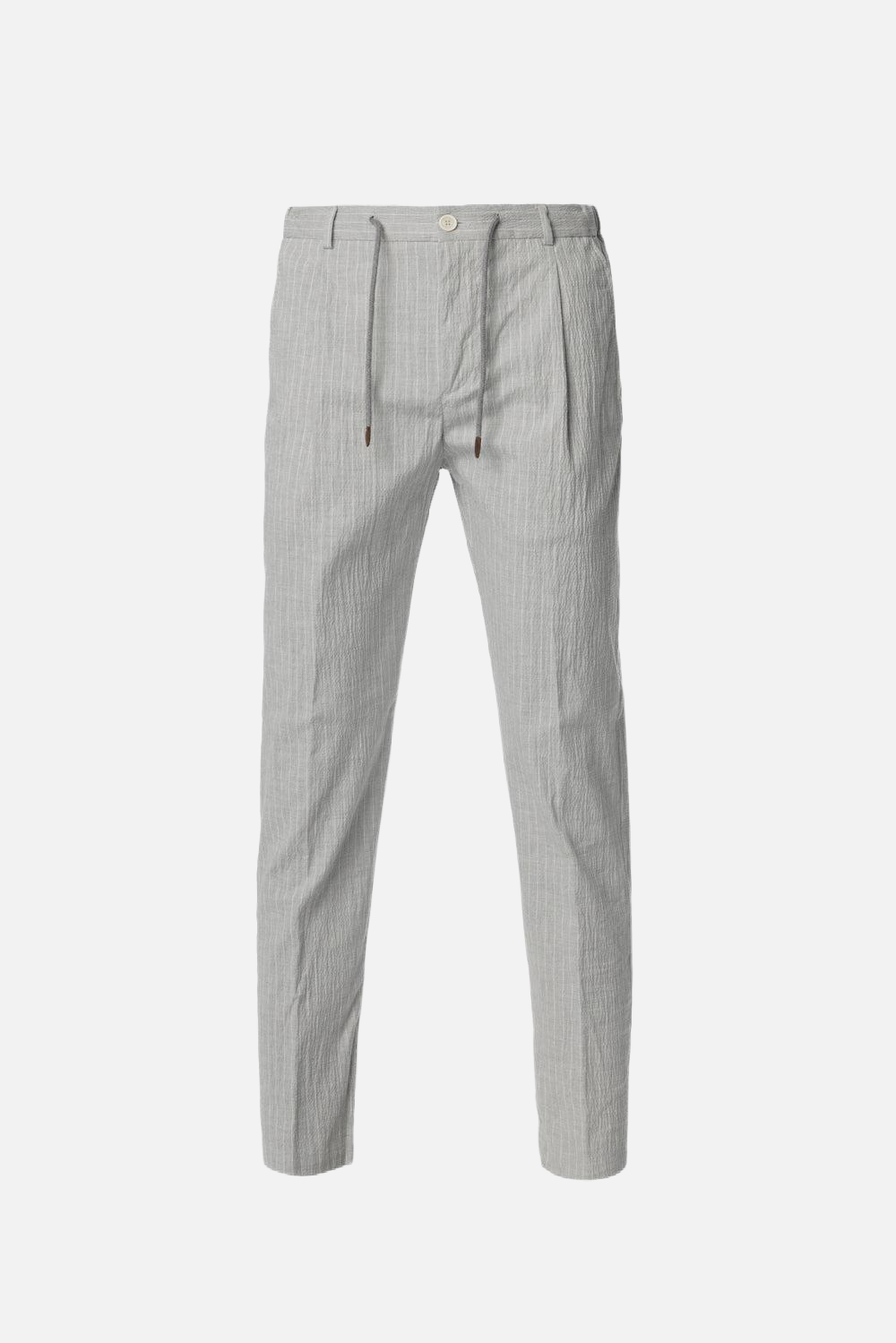 Light grey pinstriped and embossed stretch cotton drawstring trousers
