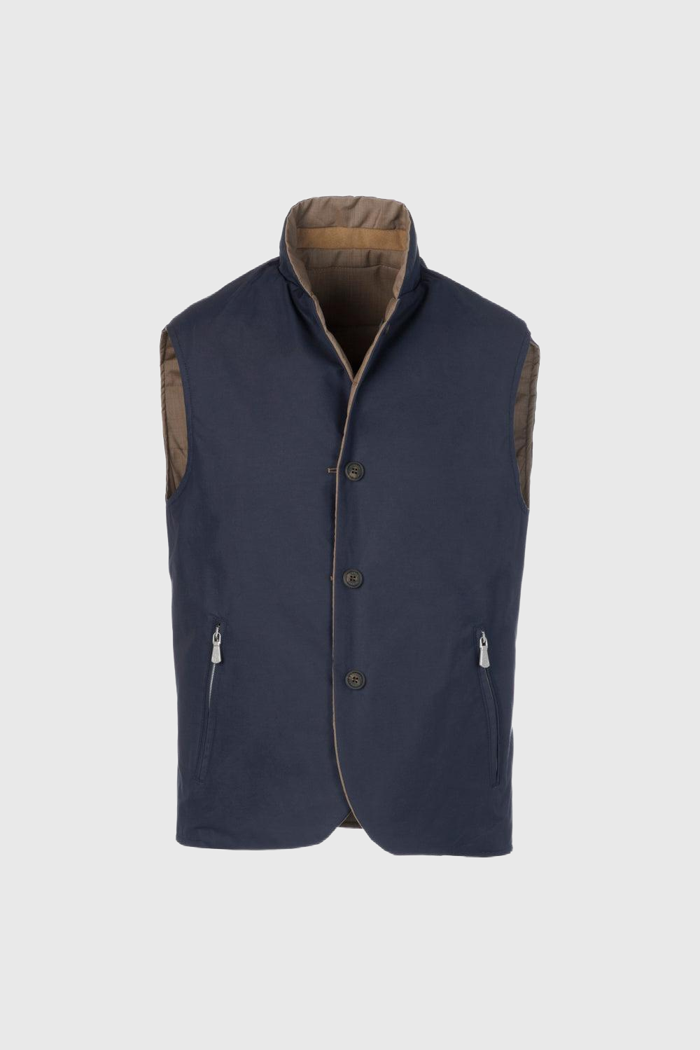 Reversible bi-material vest in wool poplin and technical beige cotton