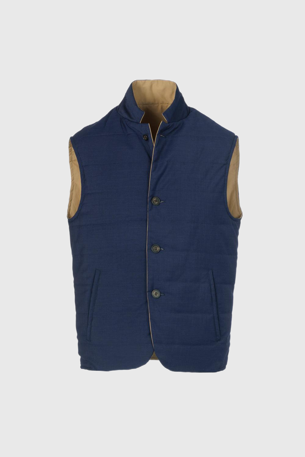 Reversible bi-material gilet in navy wool poplin and technical cotton