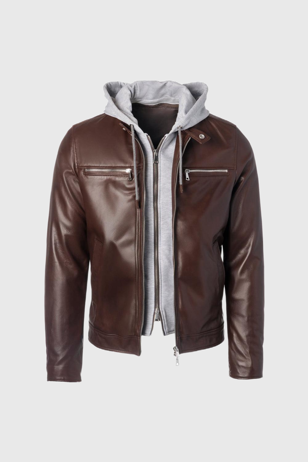 Brown Nappa Biker Jacket with Detachable Bib and Hood